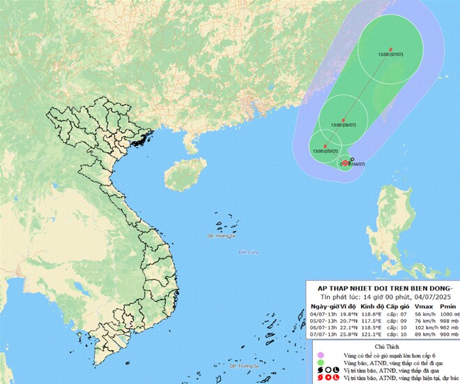 Áp thấp nhiệt đới trên Biển Đông mạnh lên thành bão trong 24h tới.