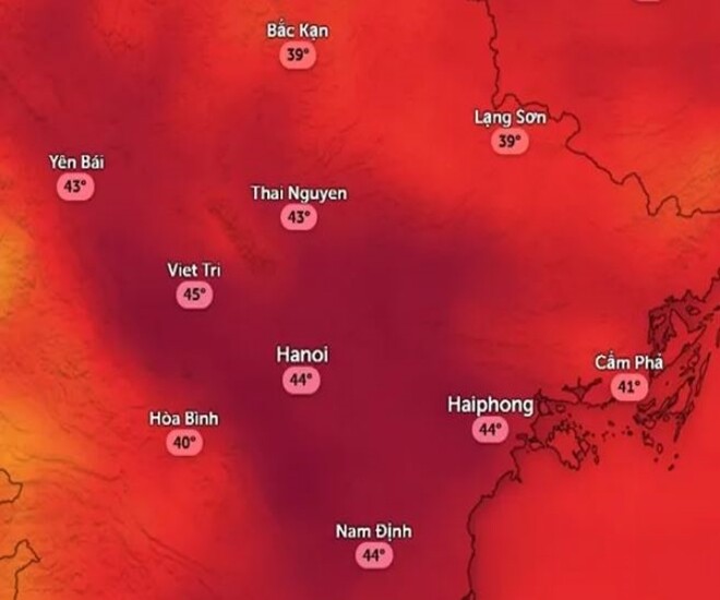 Dự báo nhiệt độ cảm nhận ở một số tỉnh thành miền Bắc vào trưa và chiều mai, 9/7. Ảnh: Zoom Earth, OpenStreetMap, ICON.