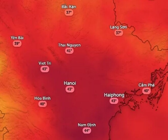 Nhiệt độ cảm nhận ở một số tỉnh thành miền Bắc trưa nay, 9/7. Ảnh: Zoom Earth, OpenStreetMap, ICON.
