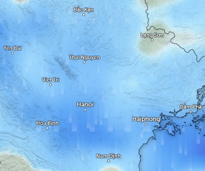Dự báo mưa (những vùng màu xanh da trời) ở một số tỉnh thành miền Bắc sáng mai, 10/9. Ảnh: Zoom Earth, OpenStreetMap, ICON.