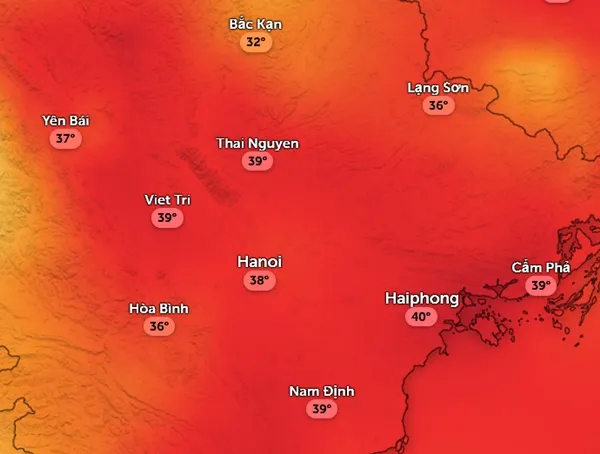 Dự báo nhiệt độ cảm nhận ở một số tỉnh thành miền Bắc trưa 10/7. Ảnh: Zoom Earth, OpenStreetMap, ICON.