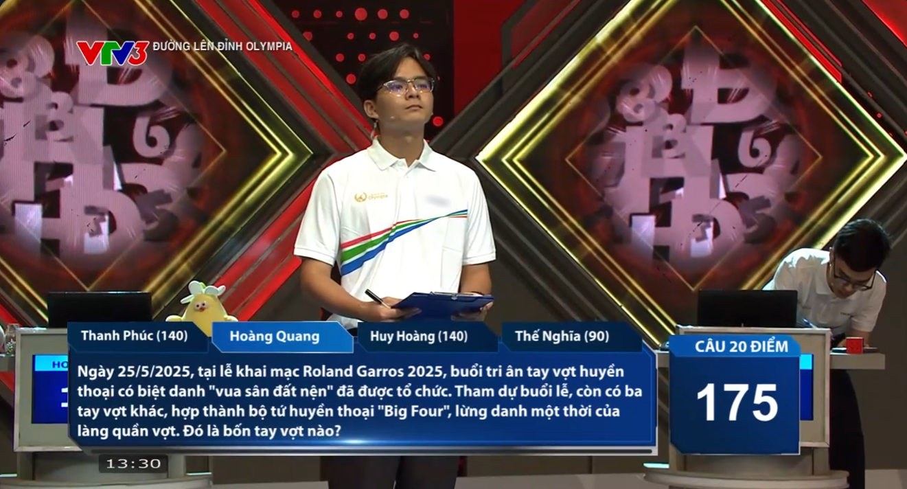 Hoàng Quang là người Về đích đầu tiên với 2 câu trả lời đúng, nâng tổng số điểm lên 215. 