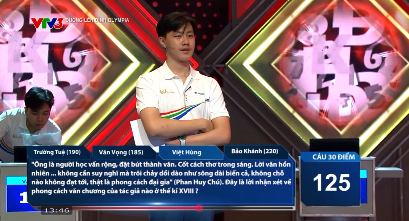 Việt Hùng bước vào phần thi Về đích với tinh thần chơi hết mình cùng gói câu hỏi 90 điểm và có 1 đáp án đúng. Bảo Khánh 1 lần trả lời đúng và 1 lần trả lời sai trong lượt thi của Việt Hùng.