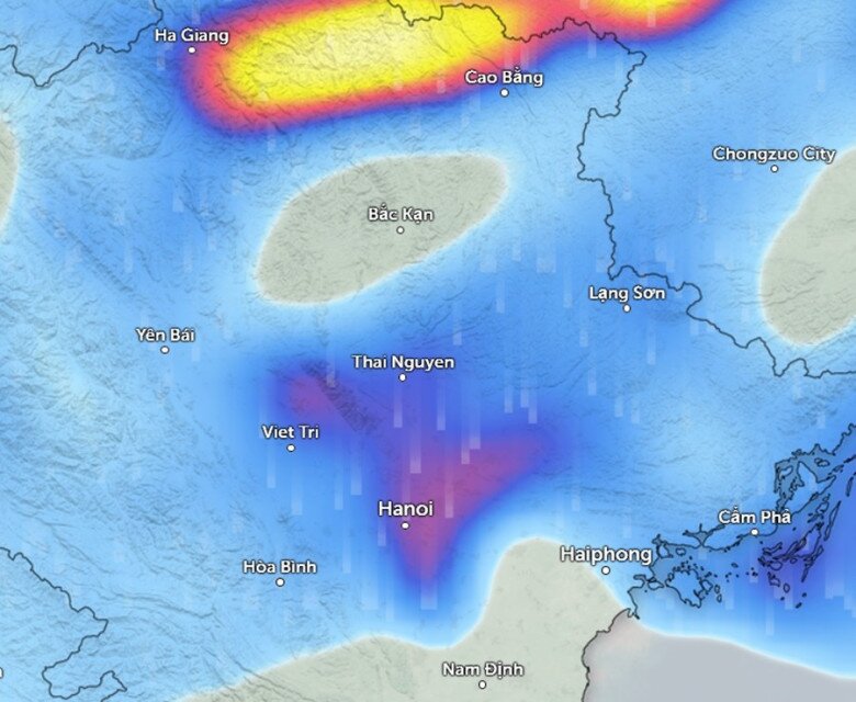 Dự báo mưa ở một số tỉnh thành vào sáng 10/9 (những vùng màu xanh da trời là mưa nhỏ đến vừa, màu đỏ là mưa vừa đến mưa to, màu vàng là mưa rất to). Ảnh: Zoom Earth, OpenStreetMap, ICON.
