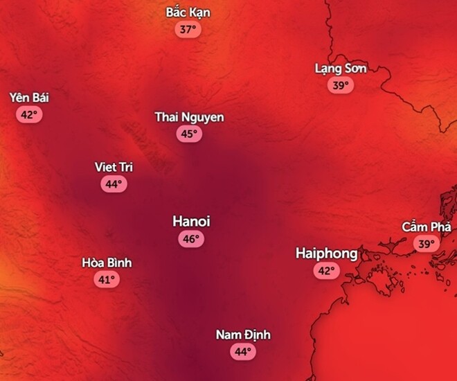 Dự đoán về nhiệt độ nhận thức ở một số tỉnh ở miền Bắc vào ngày mai, ngày 10 tháng 8, lúc 12 giờ chiều. Ảnh: Zoom Earth, OpenStreetMap, Biểu tượng.