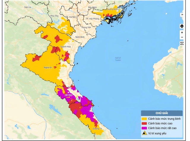 Bản đồ một số địa điểm có nguy cơ xảy ra lũ quét, sạt lở đất, sụt lún đất trên sườn dốc, suối nhỏ tại các tỉnh Phú Thọ, Quảng Ninh, Thanh Hóa, Nghệ An, Hà Tĩnh, Quảng Trị.