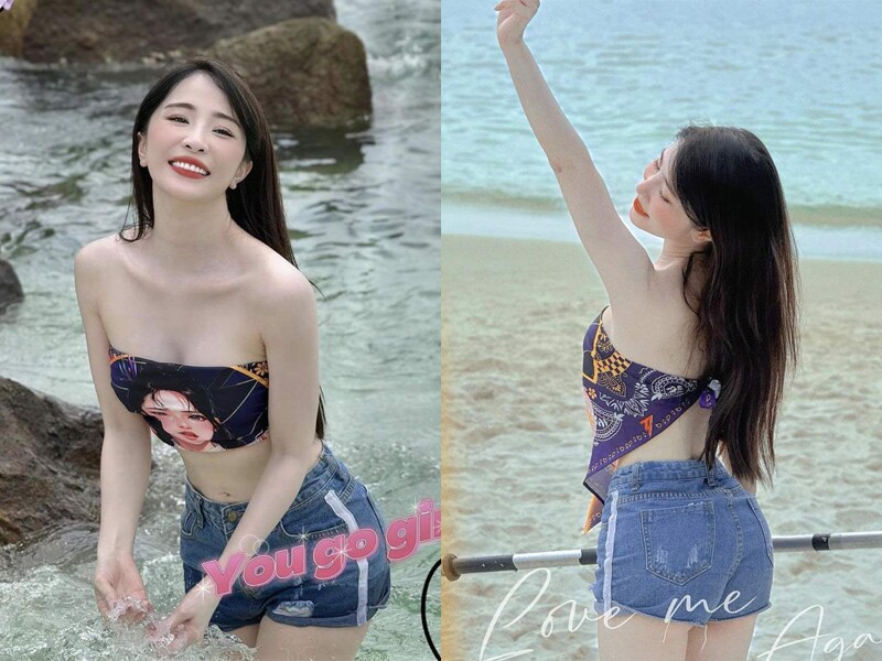 Sở hữu body nuột nà, nữ diễn viên Về Nhà Đi Con tự tin lấy khăn làm áo. Loạt ảnh đi biển với quần short, áo croptop được biến tấu từ khăn lụa nhận được nhiều lượt yêu thích trên mạng xã hội.