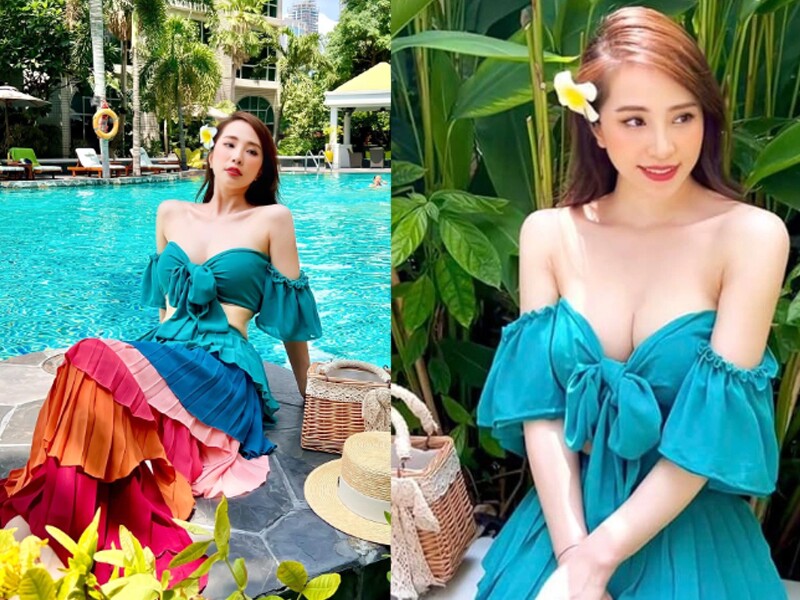 Cách biến tấu trang phục khi đi biển, nghỉ dưỡng của nữ diễn viên cũng rất khéo léo tôn nét đẹp cơ thể. Làn da trắng giúp người đẹp càng thêm nổi bật.