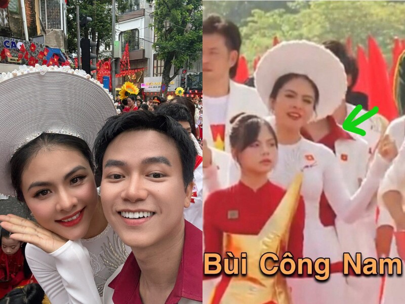 Khi tham gia diễu hành ở nhiệm vụ A80, Vân Trang còn "gây sốt" khắp các diễn đàn mạng xã hội bởi loạt khoảnh khắc bên Bùi Công Nam. Vì diện áo dài và đội mấn quá to, nữ diễn viên đã vô tình che mất hình của đàn em.