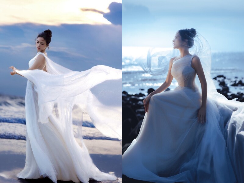 Vân Trang cho biết để chụp bộ ảnh này, cô và ekip đã chuẩn bị rất sớm để ra biển kịp lúc bình minh. Nhìn qua những bức hình, khó ai tin được rằng nữ diễn viên đang là mẹ bỉm 4 con.