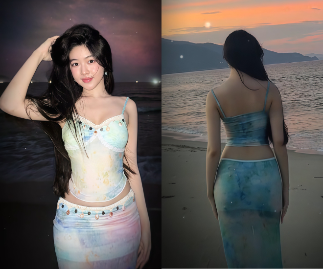 Lọ Lem diện trang phục xuyên thấu, khoe eo bé xíu ở bãi biển.