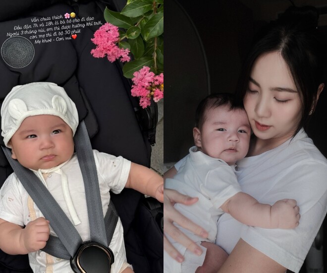 Mai Ngọc cho bé Panda đi dạo hít khí trời khi nhóc tì được 3 tháng tuổi.