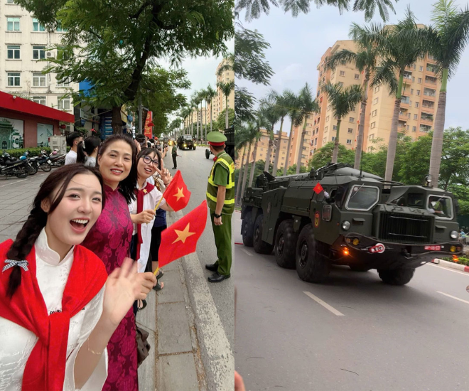 MC Phương Thảo và mẹ ruột cùng xuống phố đón các khối diễu binh.