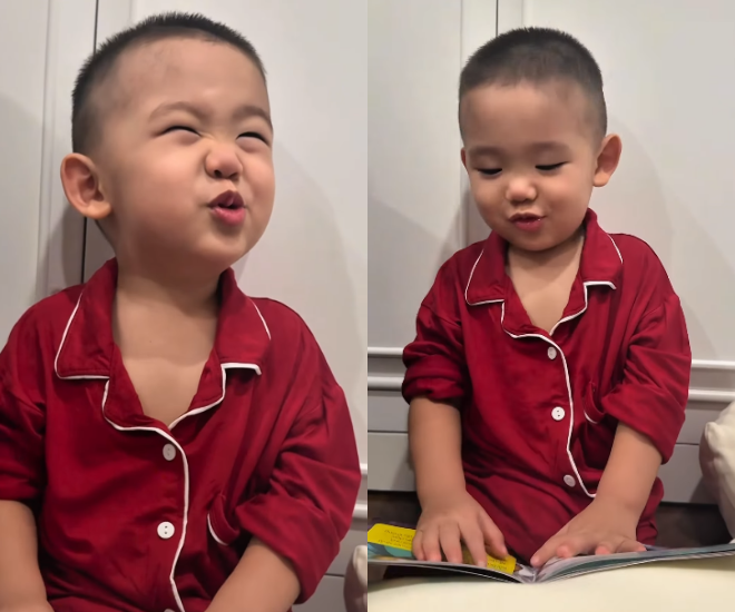Con trai Minh Hằng học bài và đọc thơ trước khi ngủ.