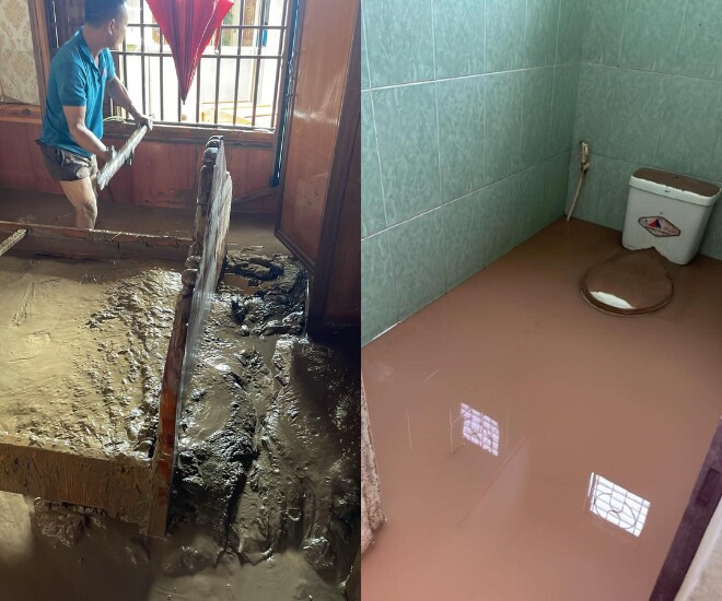 Vũ Hồng Sơn cho biết nhà vệ sinh và lối đi vẫn còn ngập nước bùn.