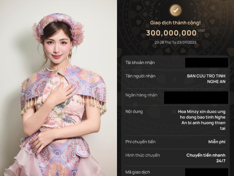 Hòa Minzy ủng hộ 300 triệu đồng để khắc phục thiên tai ở tỉnh Nghệ An.