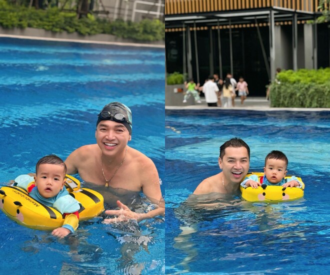 Quang Minh đưa quý tử đi tập bơi, nhóc tì được nhận xét hệt như “bản sao” của bố.