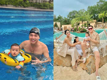 Quang Minh đưa quý tử hệt bản sao đi tập bơi, bạn gái kém 37 tuổi tự hào về 2 người đàn ông mình yêu