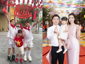 3 cháu nội Bầu Hiển lên đồ xuống phố thể hiện lòng yêu nước, con gái Đỗ Mỹ Linh 2 tuổi đầy lanh lợi