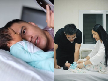 Hoa hậu Ngọc Hân rèn kỷ luật cho con trai từ sớm, em bé ngoại giao được bố mẹ thay phiên cho học bài
