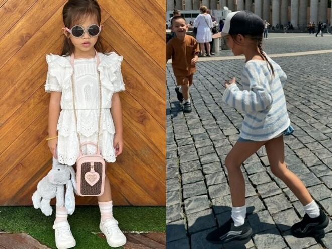 Lisa từ nhỏ đã có gu thời trang ấn tượng, đôi chân dài giống mẹ.