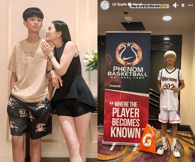 Lệ Quyên đưa quý tử đi tham gia một sự kiện về bóng rổ.