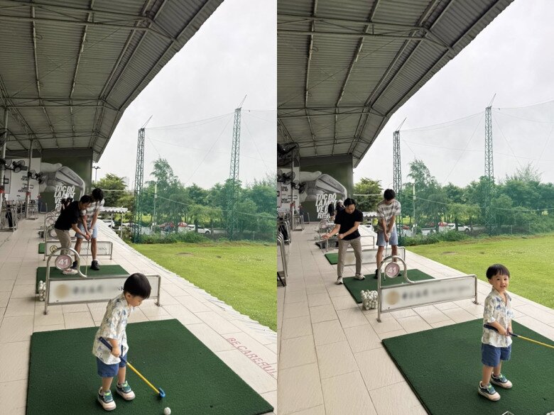 Nam doanh nhân cầm tay để hướng dẫn Subeo cách chơi golf.
