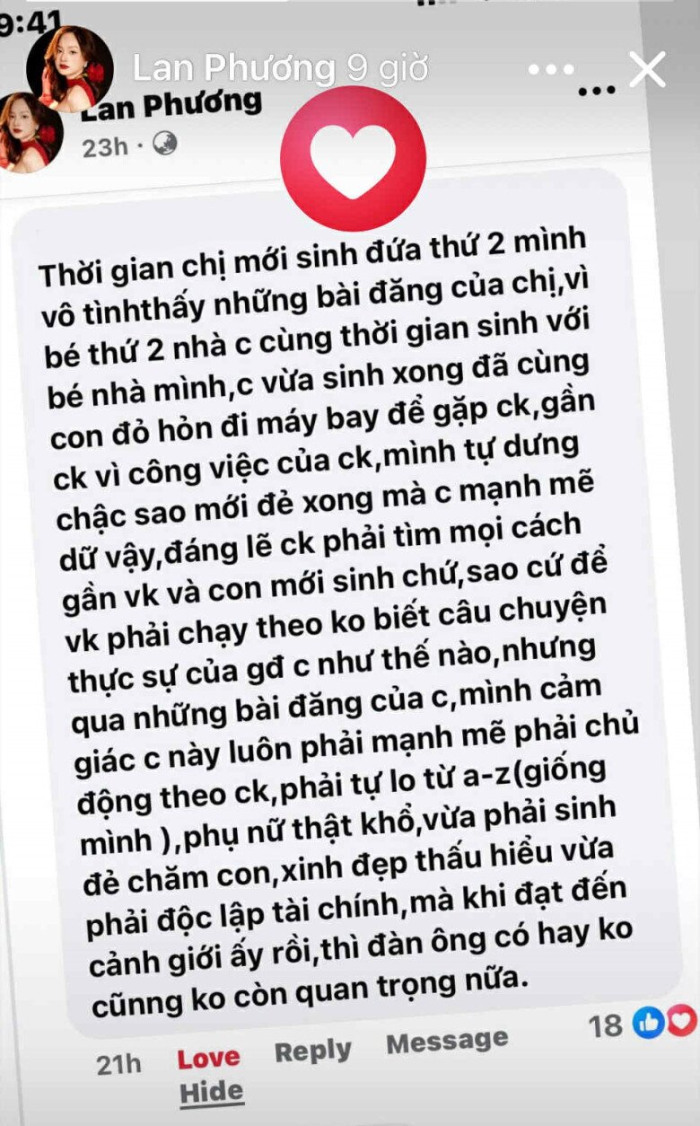 Lan Phương đồng tình với quan điểm của 1 cư dân mạng xung quanh chuyện hôn nhân của cô.