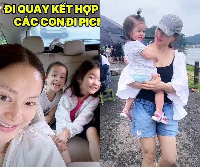 Lan Phương đưa các con theo đến phim trường.