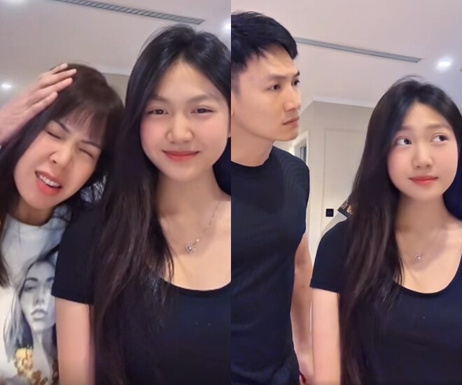 Vợ chồng Mạnh Trường cùng con gái đu trend vô cùng hài hước.
