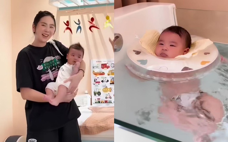 Panda mới 3 tháng tuổi nhưng được mẹ cho đi học bơi.