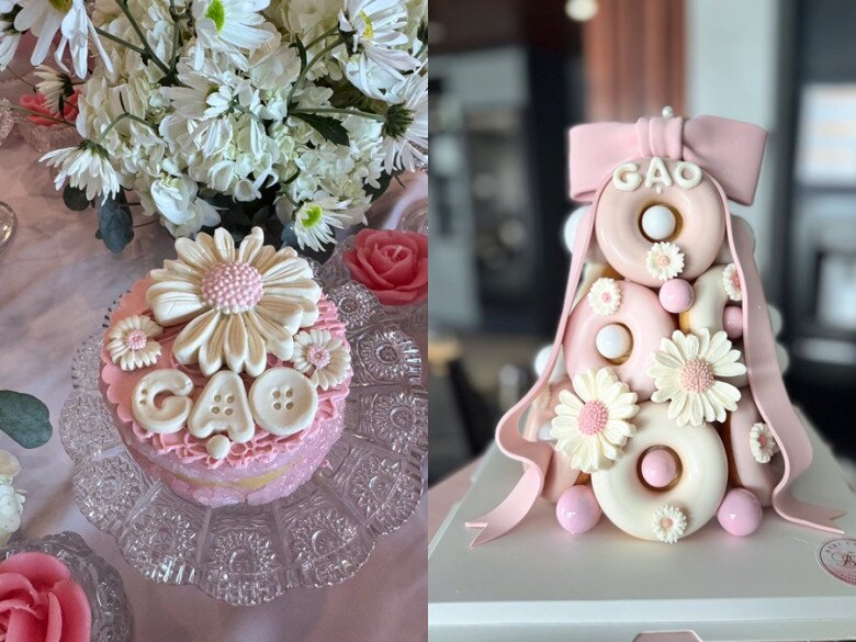 Những chiếc bánh trong buổi tiệc đầy tháng của bé Gạo được trang trí vô cùng đẹp mắt.