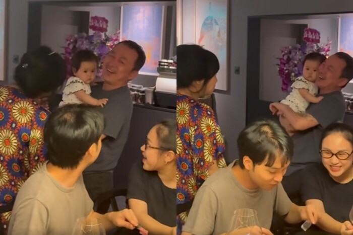 Quốc Trung cười to khi thấy cháu ngoại bám mình hơn bà.