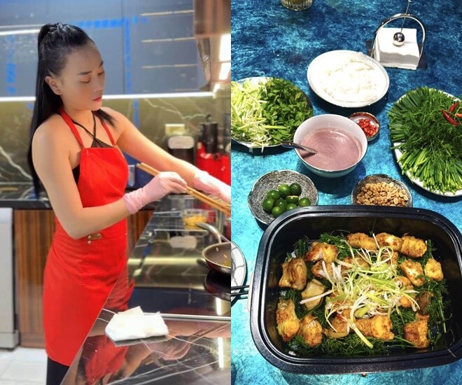 Phương Oanh được khen đảm đang vì thường xuyên vào bếp nấu ăn cho Shark Bình.