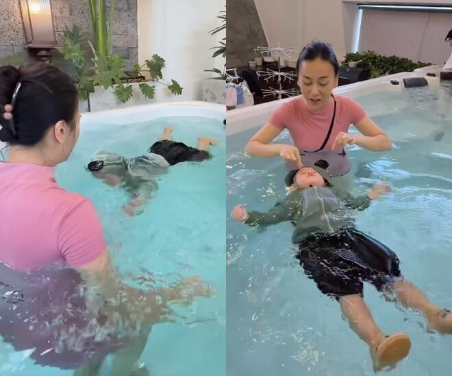 Phương Oanh khoe quý tử Jimmy có khả năng tự nổi và bơi một mình.