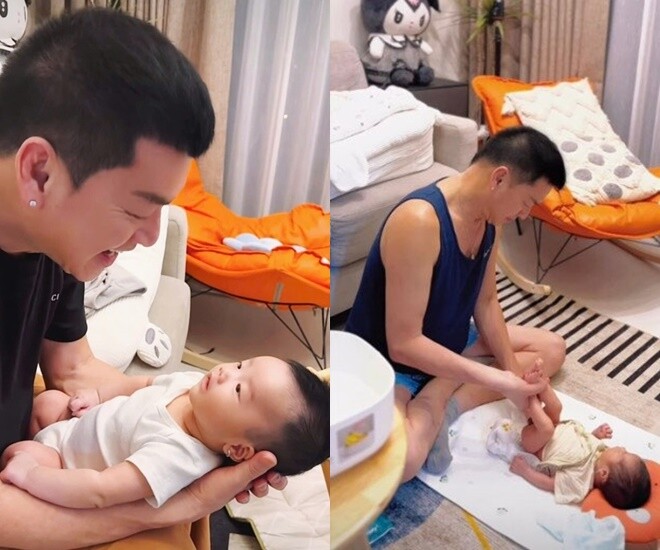 Quang Minh dành nhiều thời gian để ở bên quý tử, thành thạo việc pha sữa, thay tã.