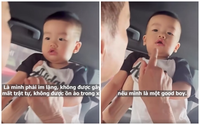 Quang Minh nghiêm khắc khi dạy quý tử không làm ồn trên xe.