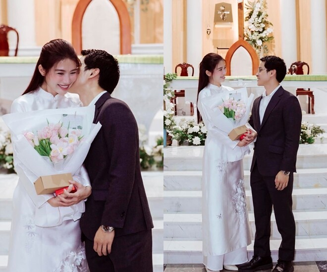 Á hậu Quỳnh Châu khoe ảnh làm lễ rửa tội trong nhà thờ với chồng doanh nhân