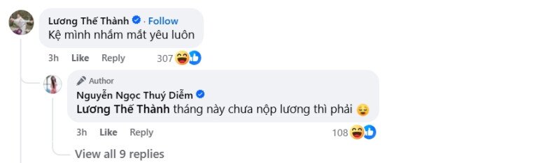 Lương Thế Thành để lại lời động viên bà xã.