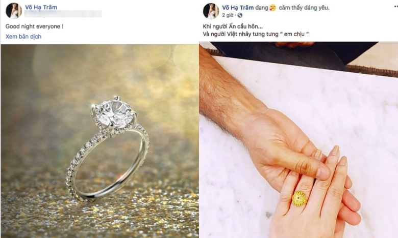 Võ Hạ Trâm khoe được chồng người Ấn tặng nhẫn kim cương.
