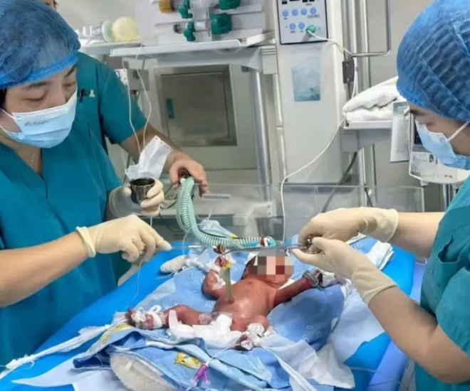 Bác sĩ tiến hành khâu cổ tử cung, giúp giữ thai nhi không sinh non, em bé chào đời khỏe mạnh.