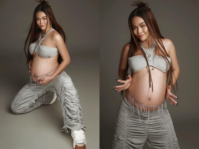 Người đẹp chăm khoe bụng bầu ở tháng cuối thai kỳ.