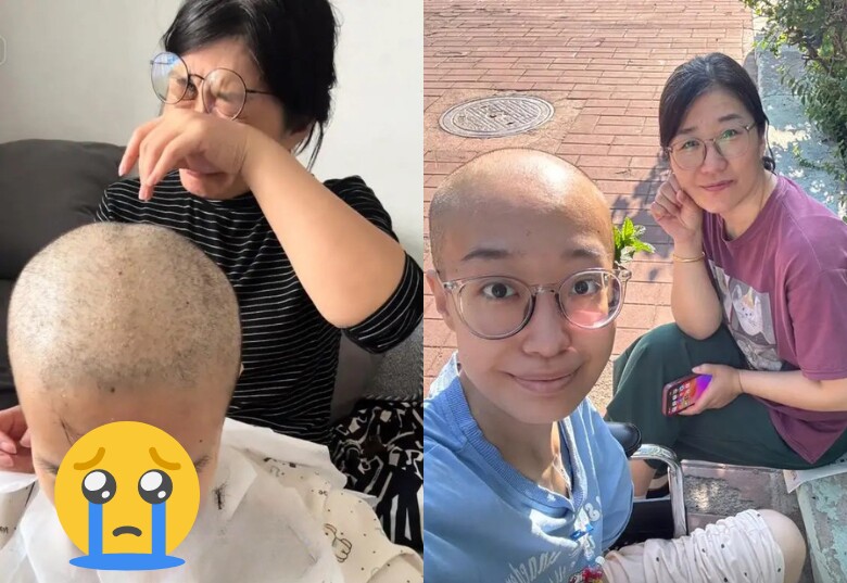 Mẹ chị Yến khóc nấc khi tự tay cạo tóc cho con gái.