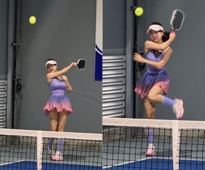 MC Vân Hugo thả dáng ở sân pickleball, trước đó cô tập yoga, gym và golf.