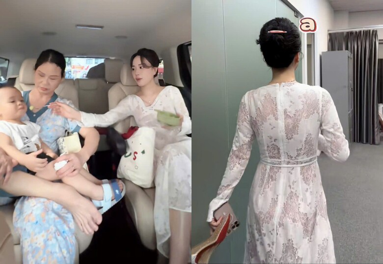 MC Mai Phương tranh thủ cho con ăn trên đường đến nhà đài.