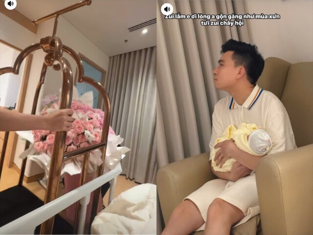 Cô được ông xã chuẩn bị hoa chúc mừng, phụ chăm sóc con nhỏ.