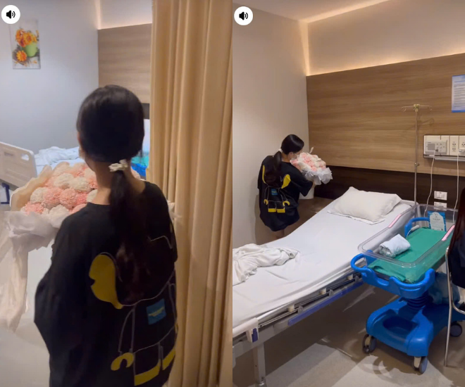 Nam diễn viên chuẩn bị bó hoa to mừng vợ vượt cạn.