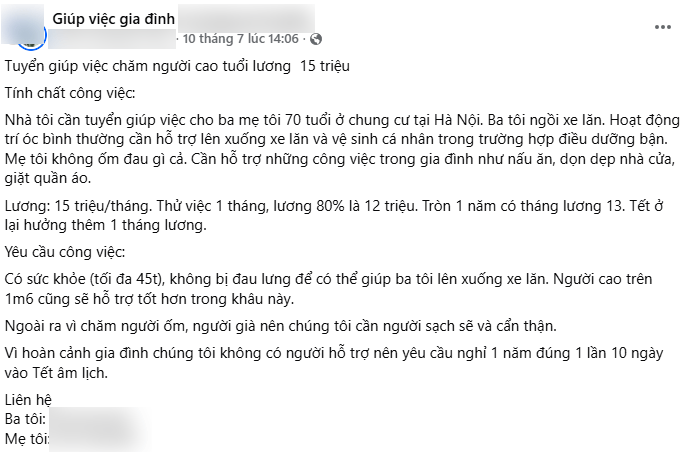 Con gái tuyển giúp việc lương 15 triệu/tháng chăm 2 bố mẹ 70 tuổi gây tranh cãi - 2