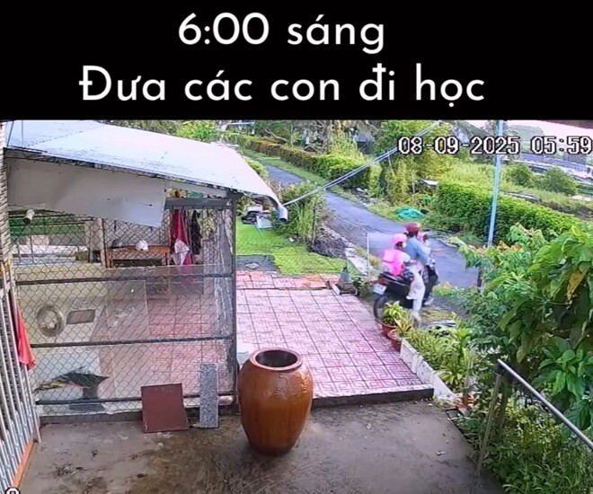 Bà mẹ gọi các con dậy từ sớm và đưa ra ngoài để ăn sáng.