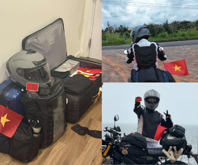 Anh Huy chia sẻ trong balo hay trên xe đều có lá cờ Việt Nam để tiếp thêm sức mạnh trong hành trình này. Khi anh chia sẻ hành trình của mình với bạn bè, họ bất ngờ vì Huy dám thực hiện một việc đặc biệt.